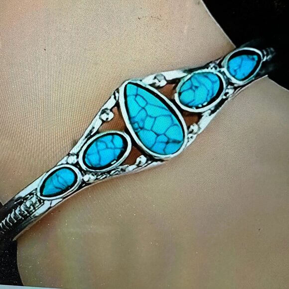 Handcrafted‎ Boho Native American Cuff Open Bangle, Turquoise Stones, Gift Box - Picture 4 of 6
